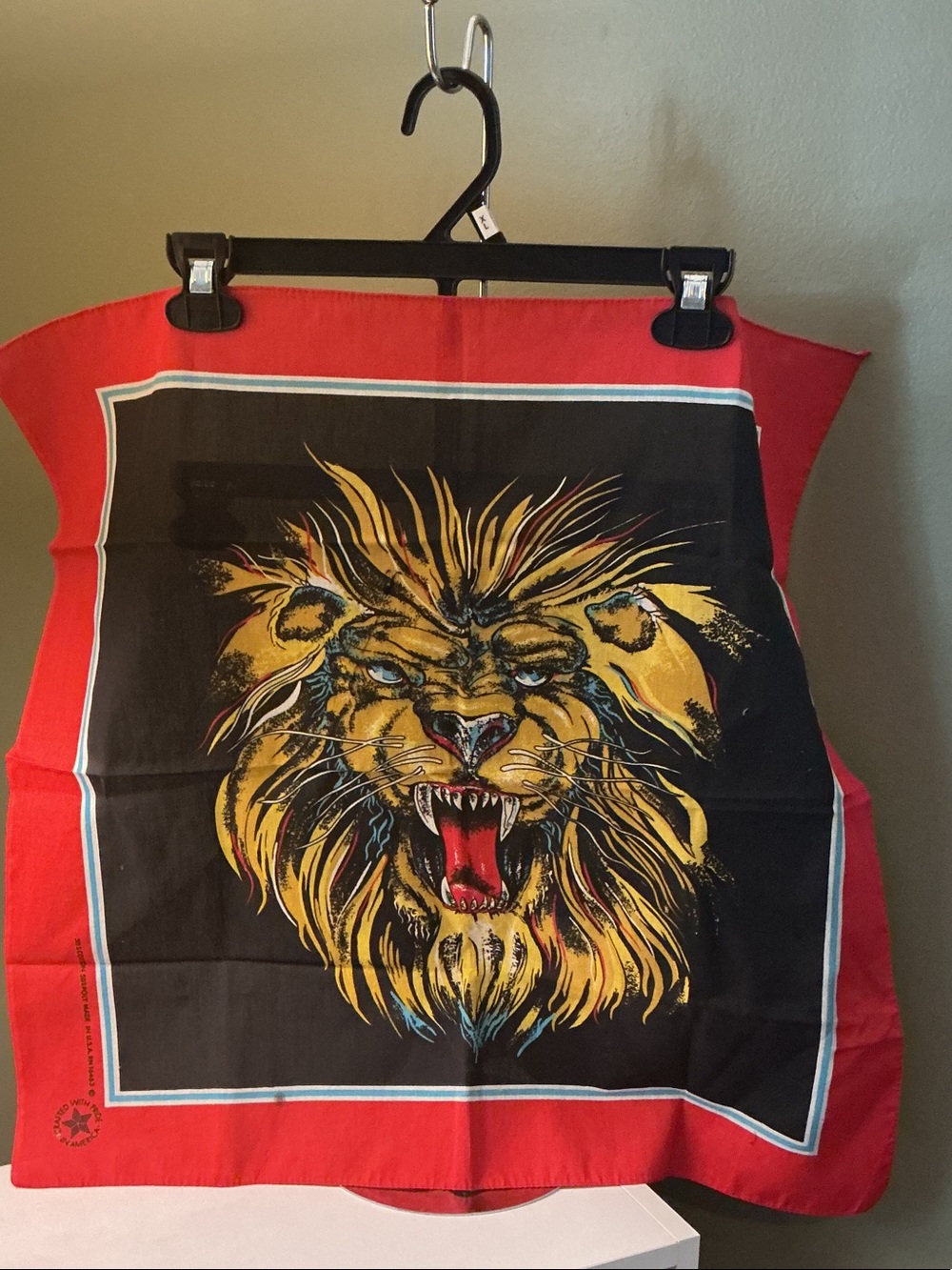 Vintage 80’s-90’s Red and Black Lion Print Decorative Scarf Wall Accent 22x21